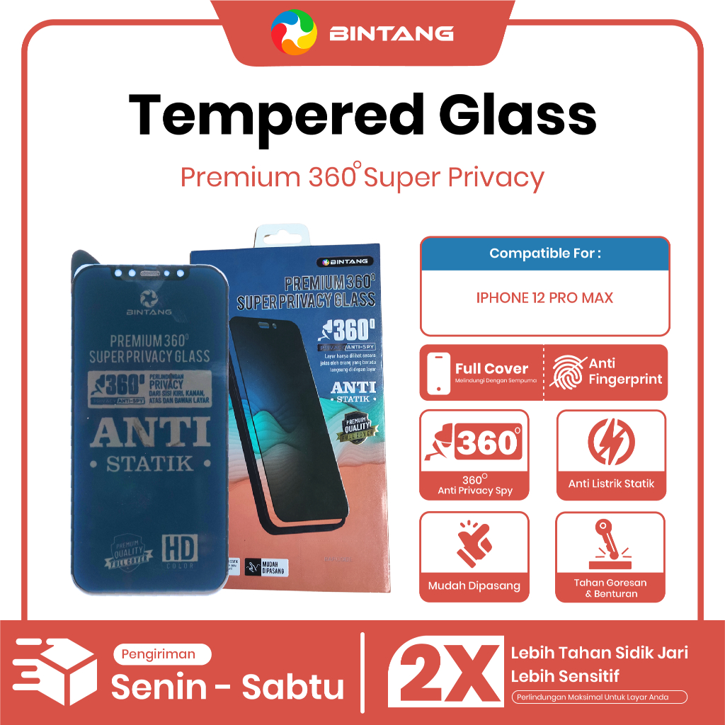 BINTANG Tempered Glass Anti Statik Anti SPY 360° SUPER PRIVASI Fullcover IPHONE 12 PRO MAX