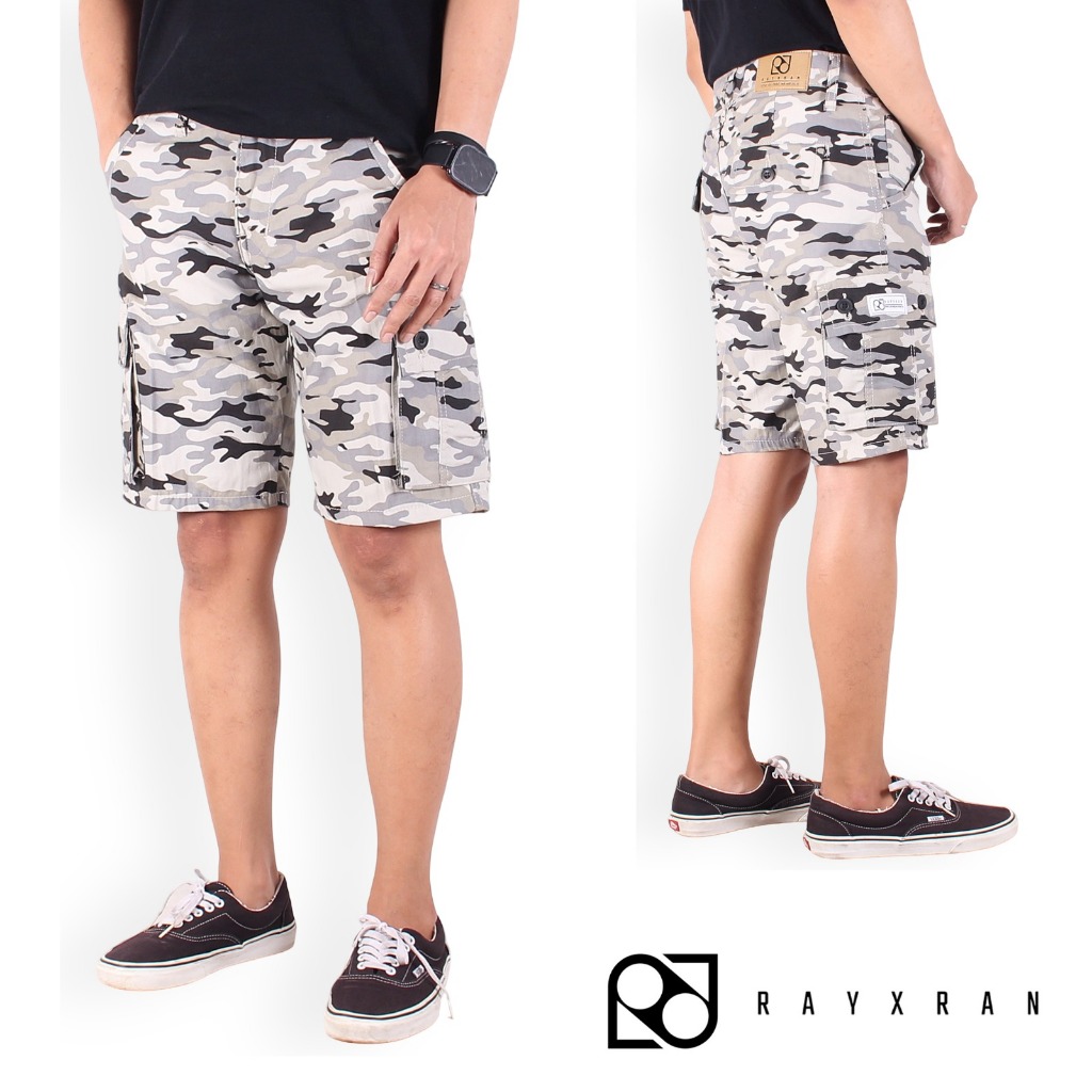 RAYXRAN Celana Cargo Pendek Pria Loreng Putih Short Pants Tactical Santai Original