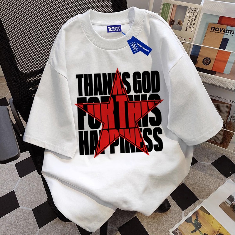 Amerika jalan kecenderungan Teks "Thanks God"  Bintang Merah Lengan pendek baju atasan wanita terbar