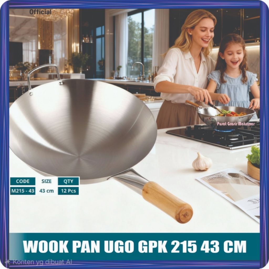 UGO - Wok Pan / Wajan Stainless 43 Cm Gagang Kayu