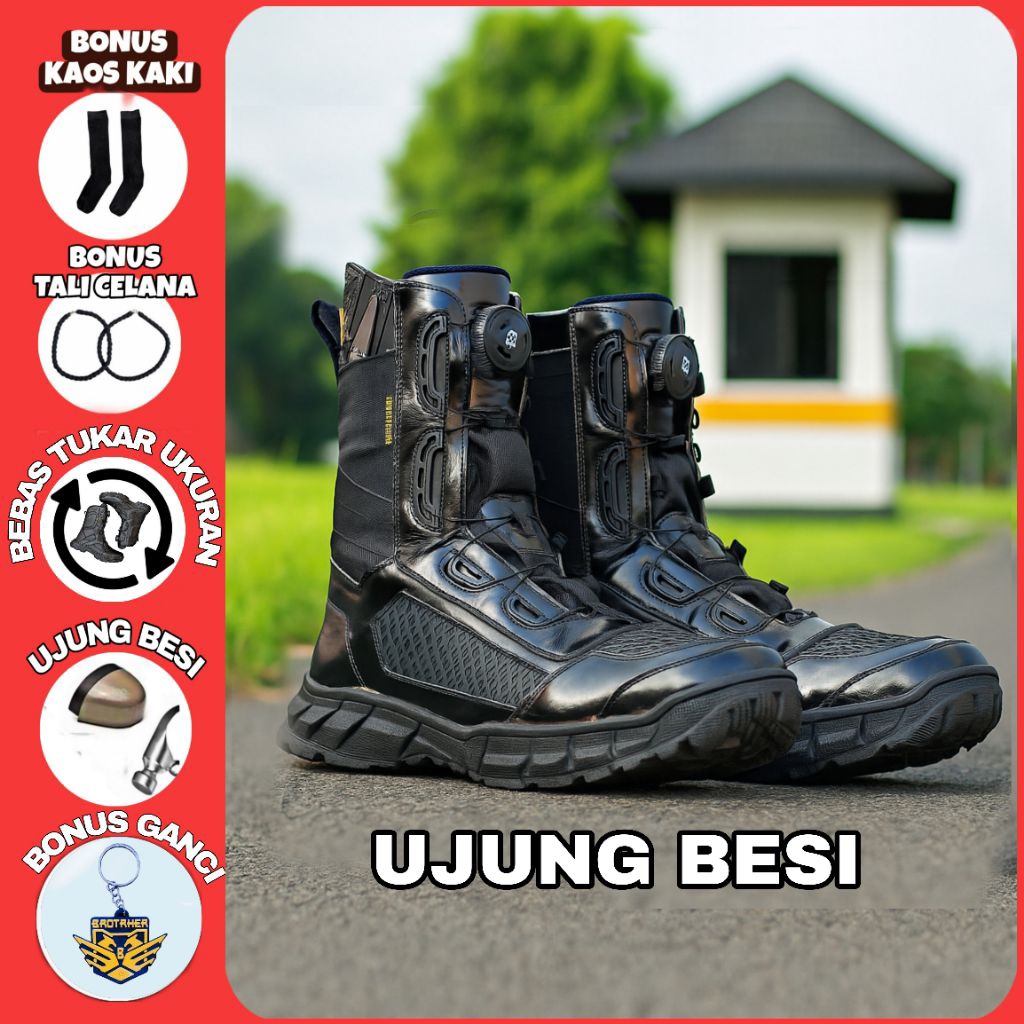 Sepatu Pdl Tali putar kulit Kilap Merk Brotrher Fitwon kilap bahan kulit sapi kombinasi kordura anti