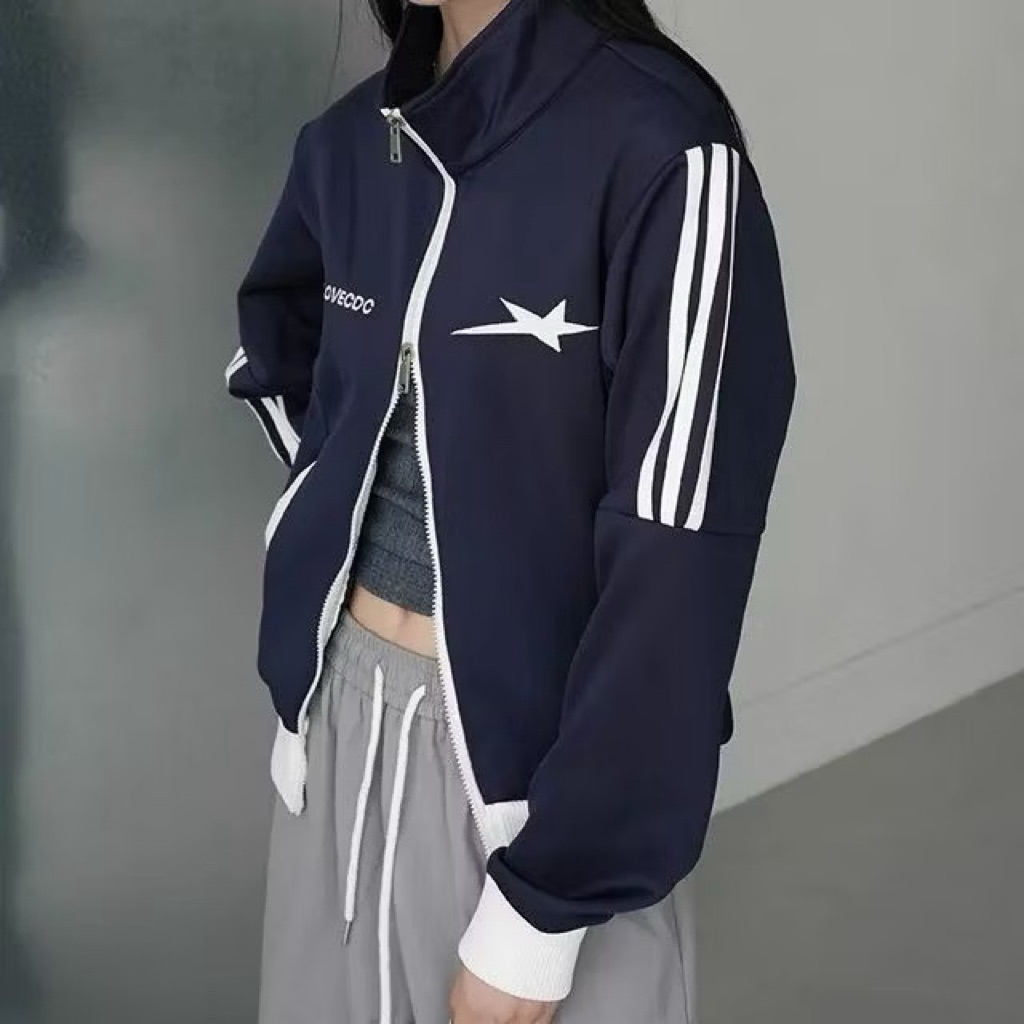 GUES STAR LOVE JAKET WANITA LIST STRIPE JAKET ZIPPER KOREAN STYLE