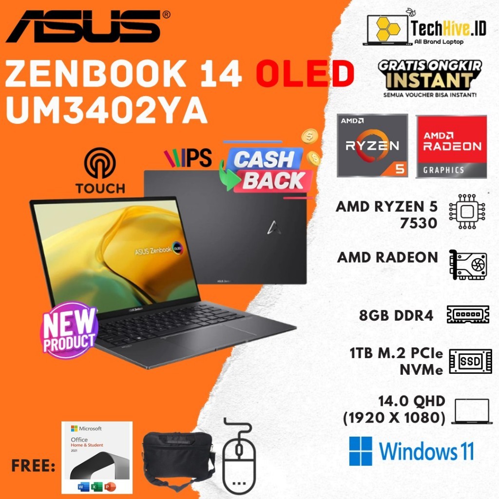 Laptop Asus ZenBook 14 Oled UM3402YA TOUCH RYZEN 5 7530 8GB 1TB SSD W11 14.0QHD IPS 2.8K