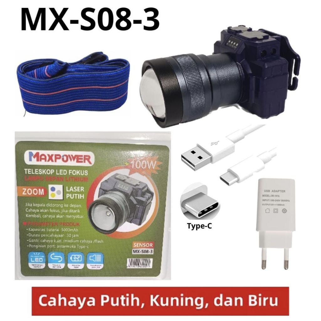 Maxpower Senter Zoom 3 Cahaya 100 Watt Teleskop Led Fokus - Senter Kepala Zoom
