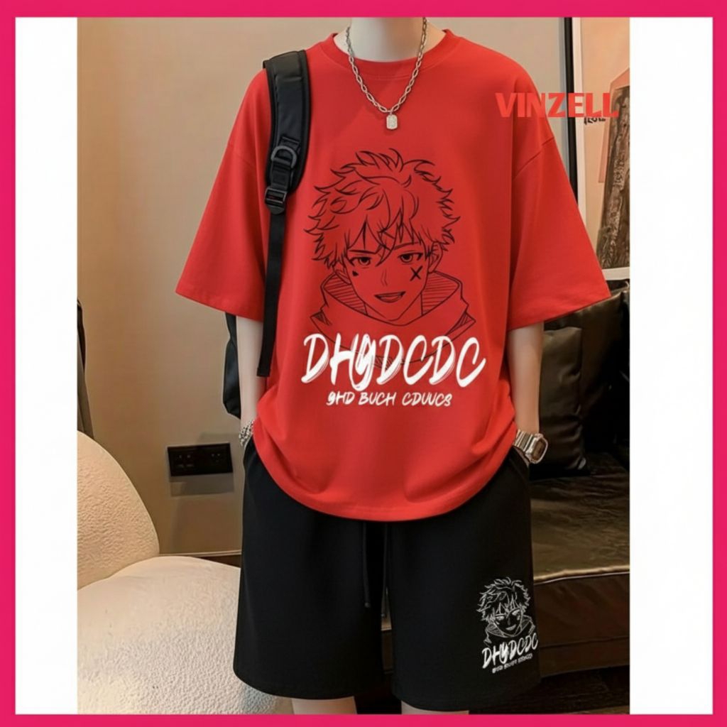 Setelan Baju Celana Pendek Pria Set Kaos Oversized Distro Streetwear Anime Jepang White Boy Print Ae