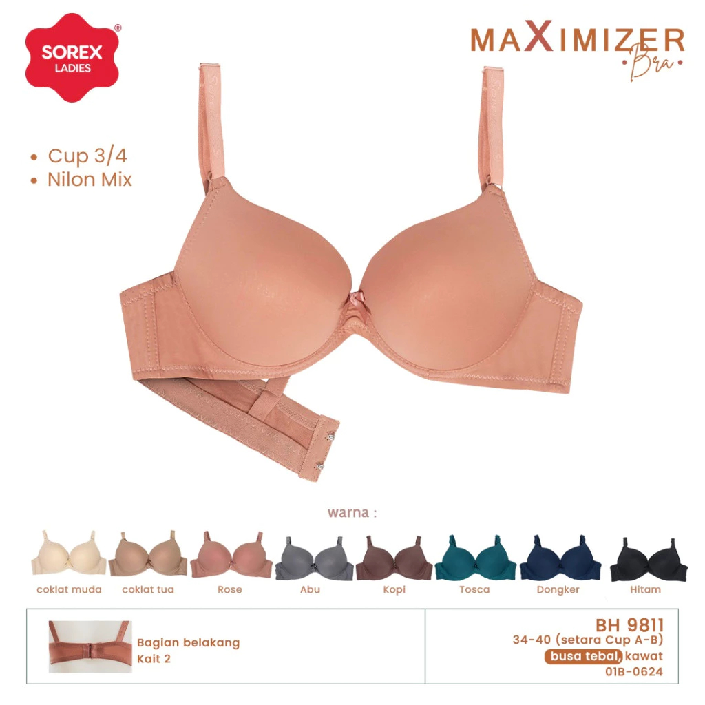 BH Sorex 3/4 Push Up Busa Tebal Kawat Kait 2 Maximizer Setara Cup A-B BH 9811