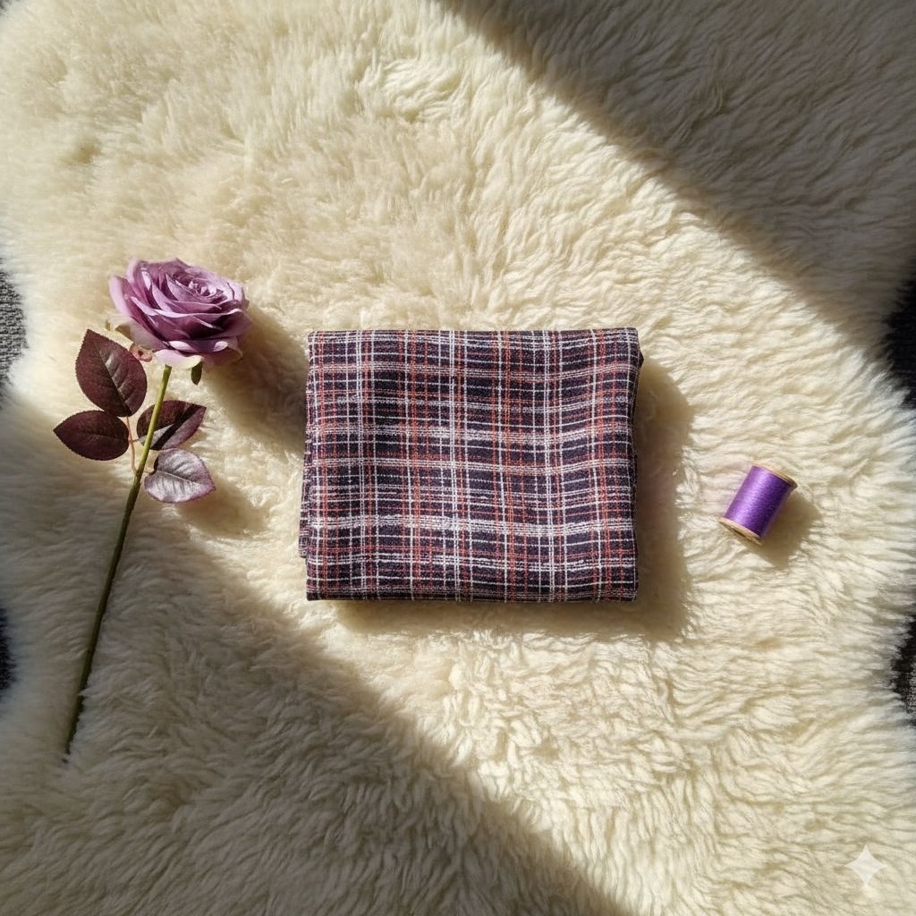 Kain Ceruty Sifon Printing Motif Kotak Plaid Hitam Oranye - Bahan Gamis Hijab Mnt