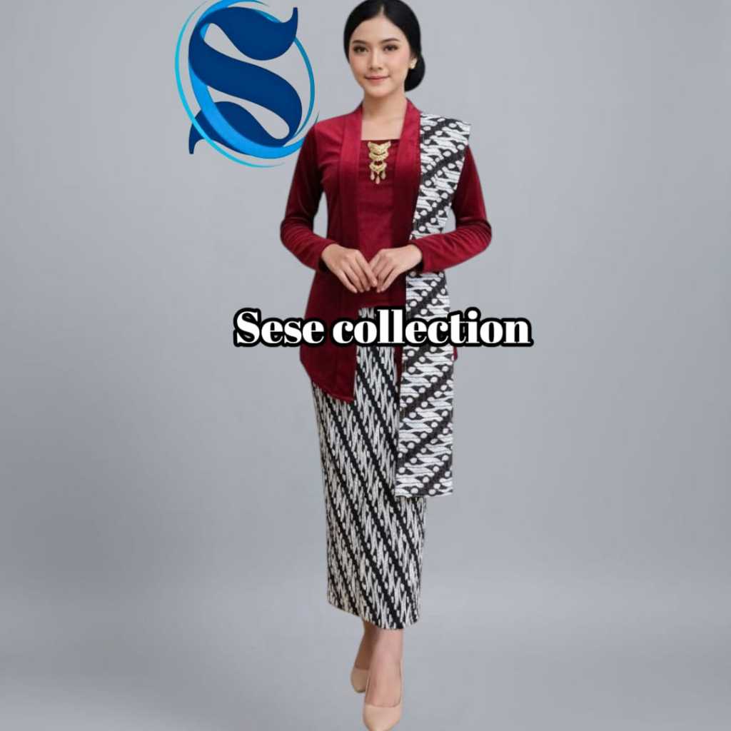 Setelan Kebaya Kutubaru Bludru polos Warna Maroon/Kebaya+Slendang+jumputan putih Plisket  maron