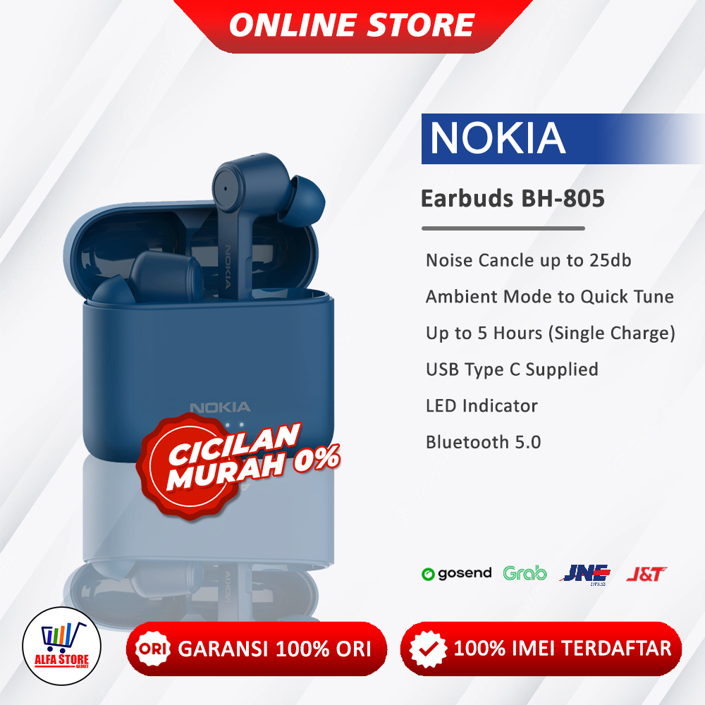 Nokia Earbuds BH-805 Noise Cancelling, 5 Jam Pemutaran, Baterai 400 mAh
