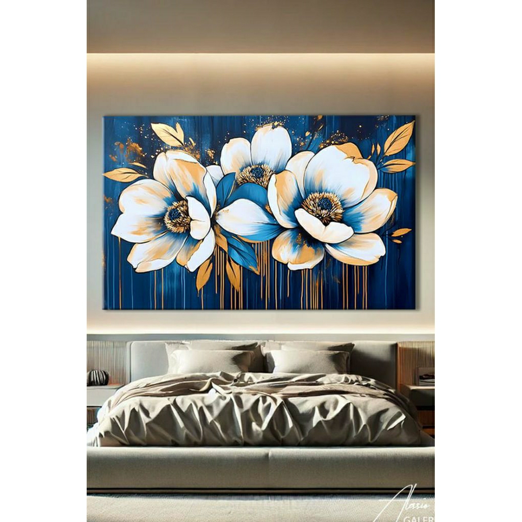 Lukisan Kanvas Bunga Besar Biru Gold – Dekorasi Rumah Minimalis & Mewah tekstur timbul modern art