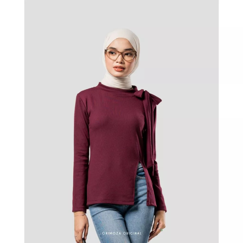 Adira Top Blouse Ribbon Side Slit Knit Rib Impor