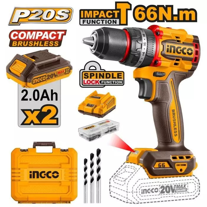 INGCO CIDLI20668 Mesin Bor Beton 13mm 66Nm Baterai Cordless Impact Drill Brushless