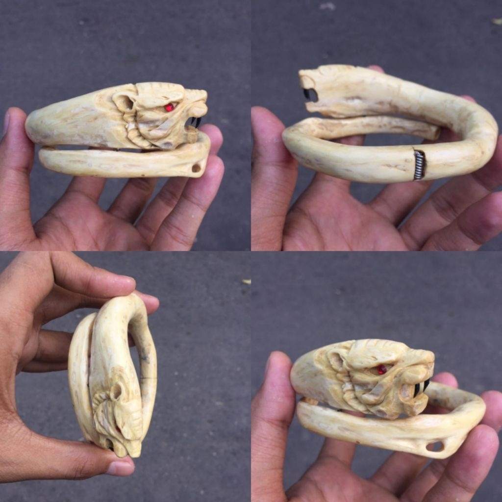 Gelang Akar Bahar Putih Ukir Macan Natural Asli Berkualitas / Akar Bahar Asli
