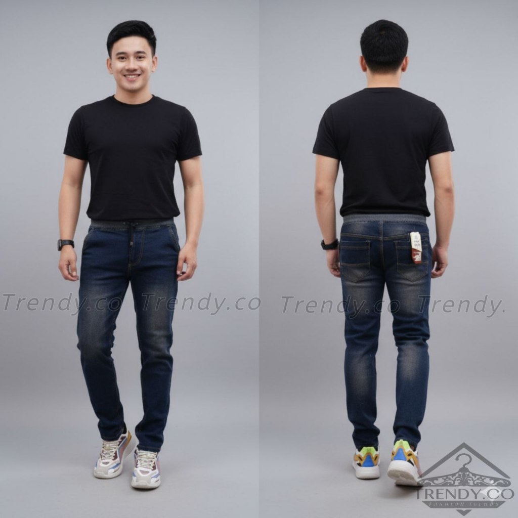 Celana Panjang Jeans Pinggang Karet Pria Stretch Tebal Halus