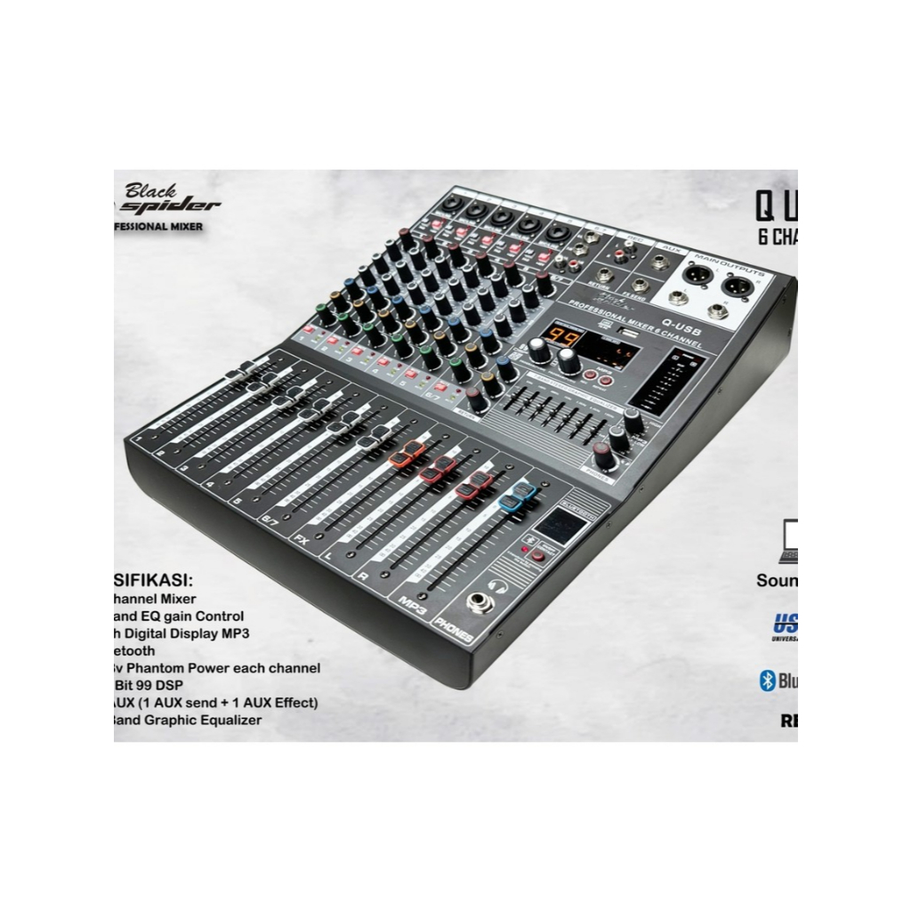 Mixer Black Spider Q USB 6 Channel Mixer 6 Channel Bluetooth Mixer 6 Channel Original Black Spider