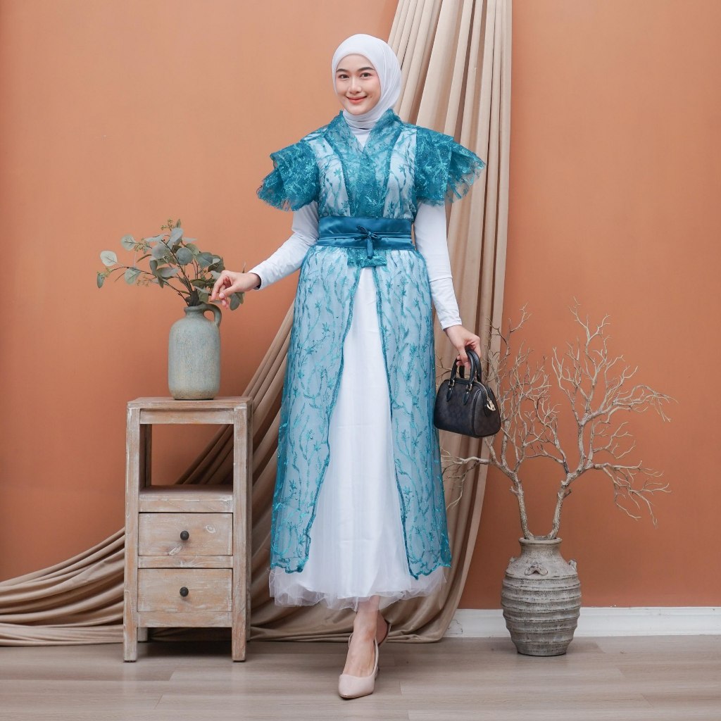 HAURA Dres Set Iner Outer Rok Tutu Gamis Muslim Wanita Pesta Kondangan Lebaran 2026