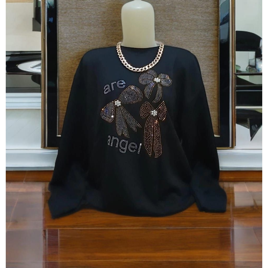 SWEATER ATASAN PANJANG WANITA CANTIK HITAM PUTIH JUMBO LD 116 - 120 )