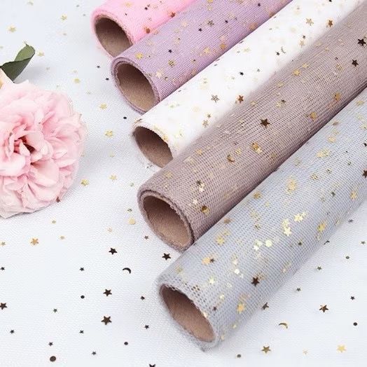 [1 Roll 5 Yard] Kain Tile Bucket Bunga Motif Bulan Bintang Gold / Flower Wrapping Tile Glitter Jarin