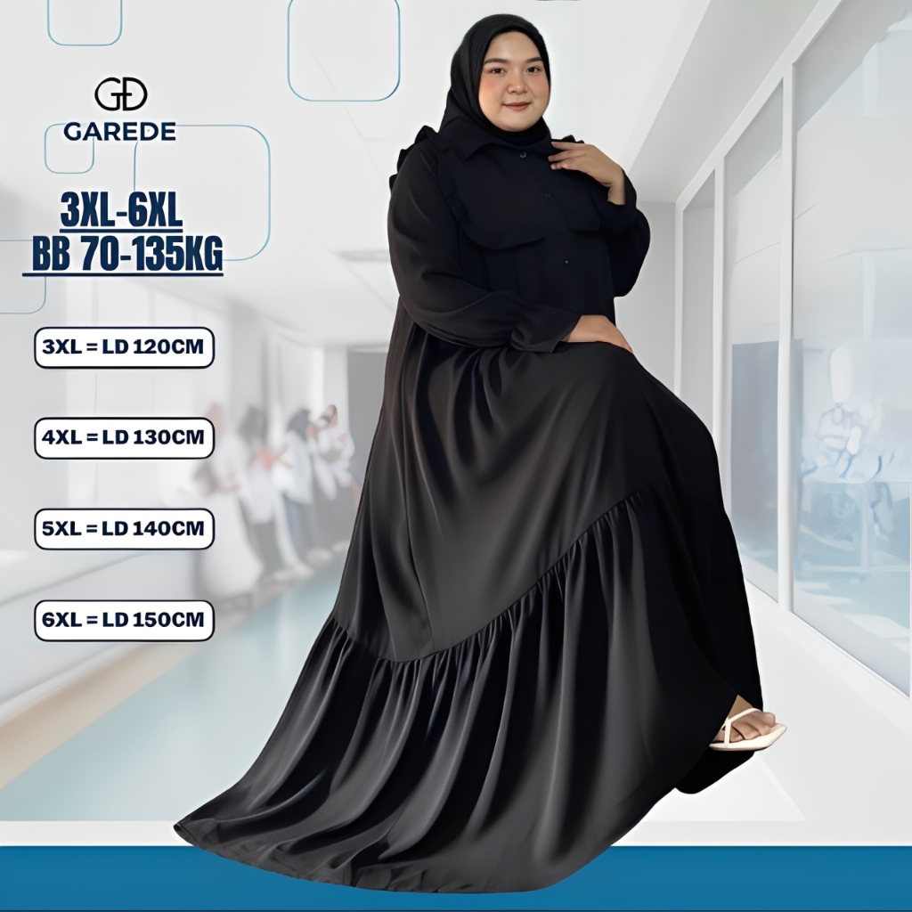 Garede - Gamis Jumbo LD 120 130 140 150 Crinkle Premium Hitam Mewah Elegan Terbaru Lebaran