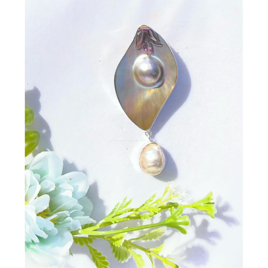 Bros perak kerang mutiara air laut baroque/bros perak handmade/bros perak Mutiara laut