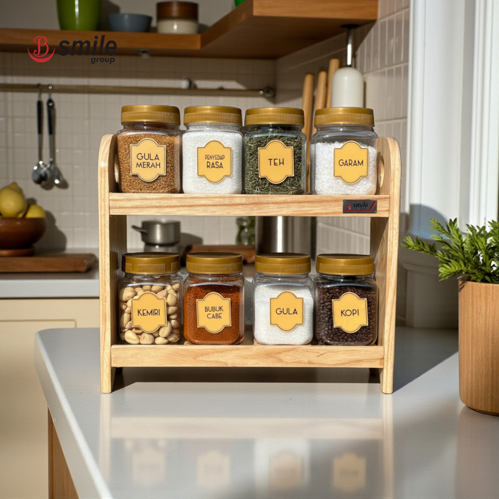 B Smile - Rak Bumbu Dapur Estetik + Toples Tempat Bumbu Kayu Serbaguna