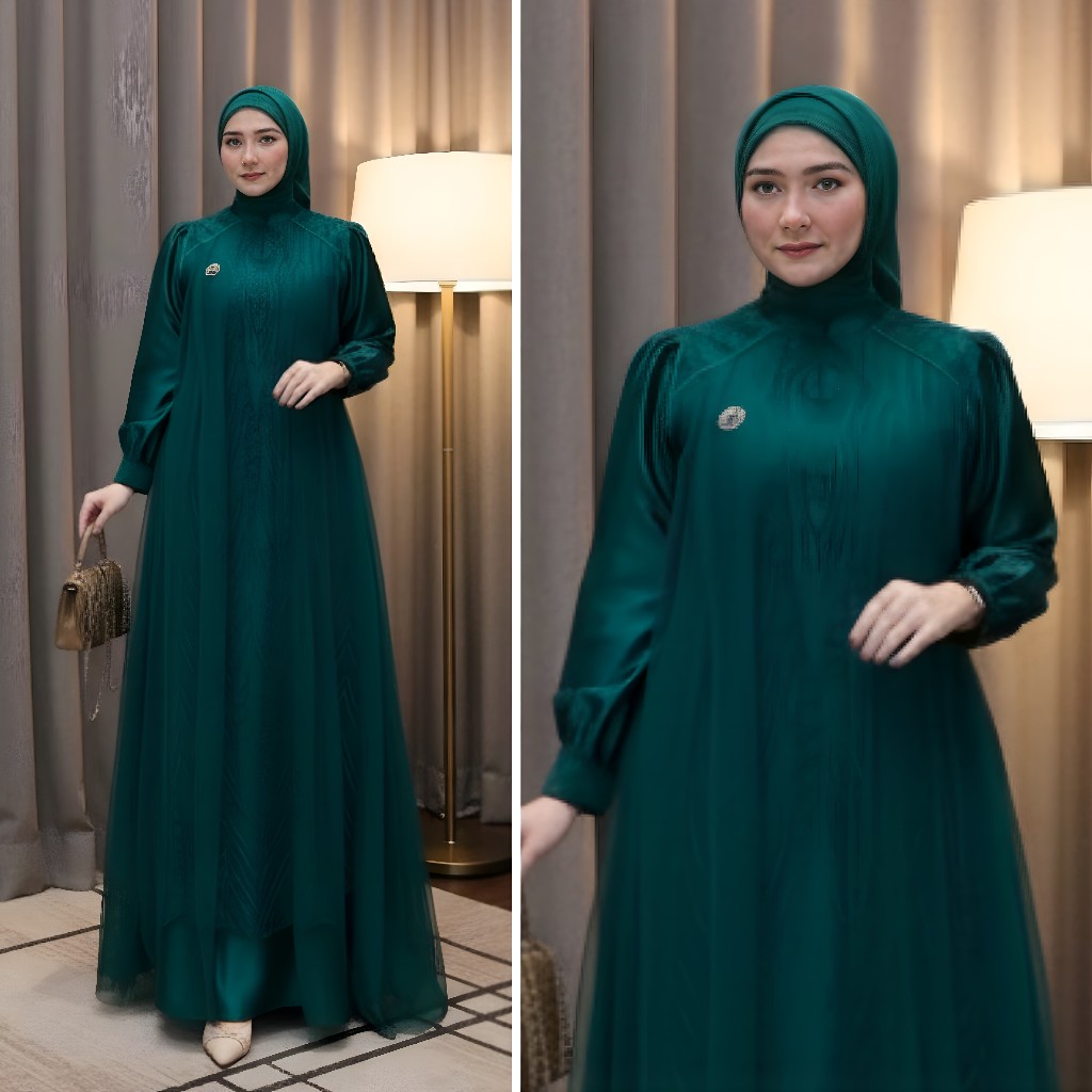 Gamis Thalia Dress Muslim Hijau Botol Mewah Velvet Brukat Tille Pakaian Viral Wanita Pesta Terbaru