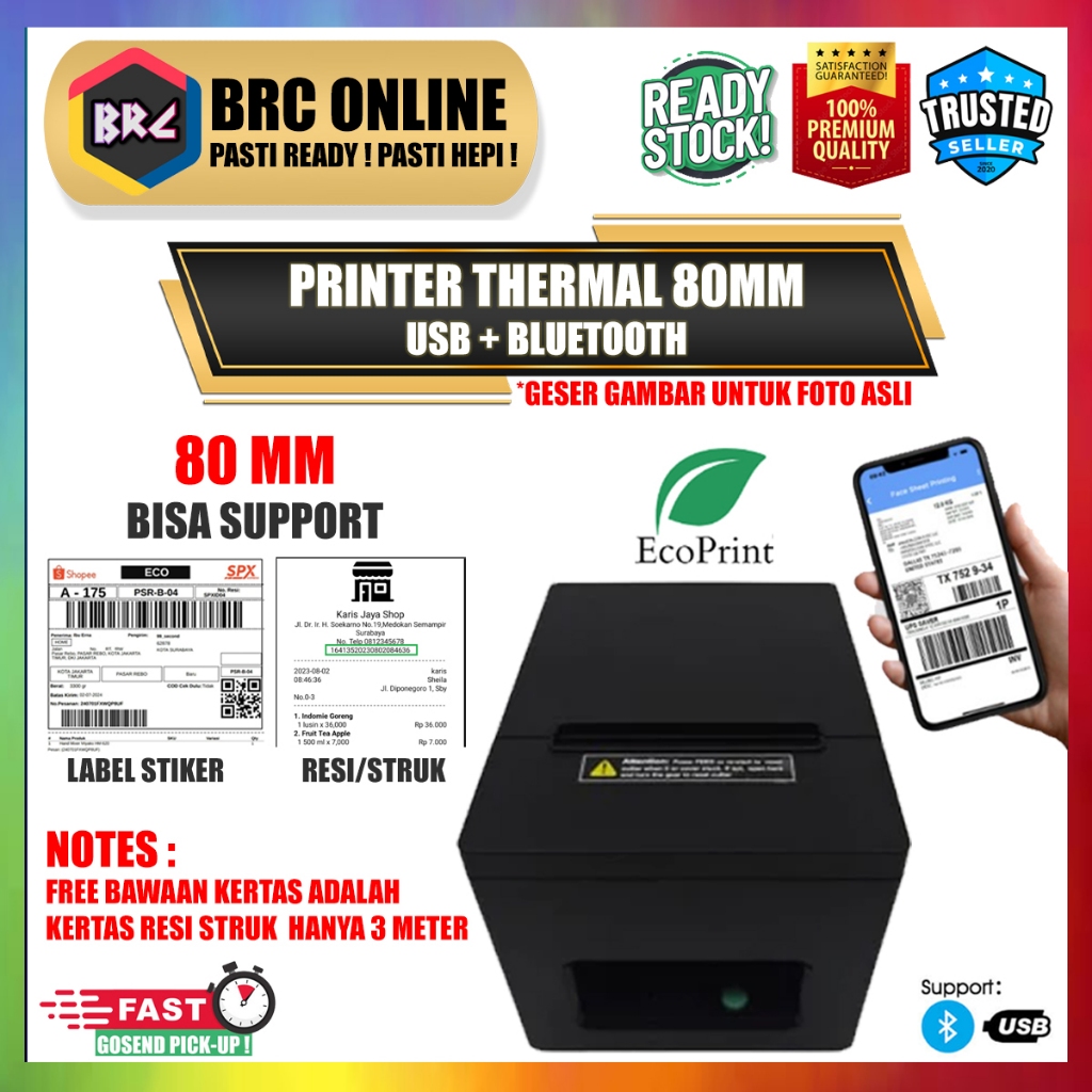 Printer Kasir Thermal Bluetooth 80mm EP80 ECO Struk Resi Label Online Brilink Cafe PPOB SPBU UMKM