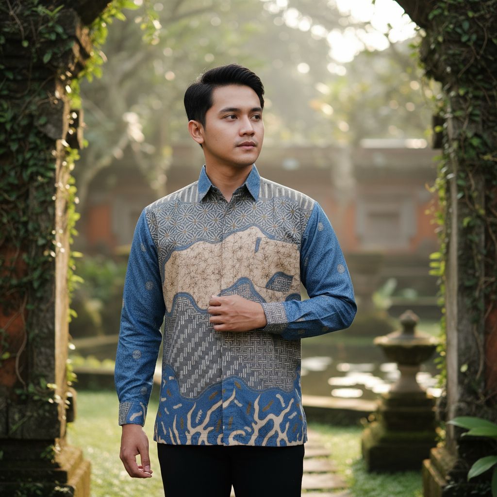 BATIK PRIA LENGAN PANJANG ,BATIK PRIA NON FURING, BATIK PRIA BIRU