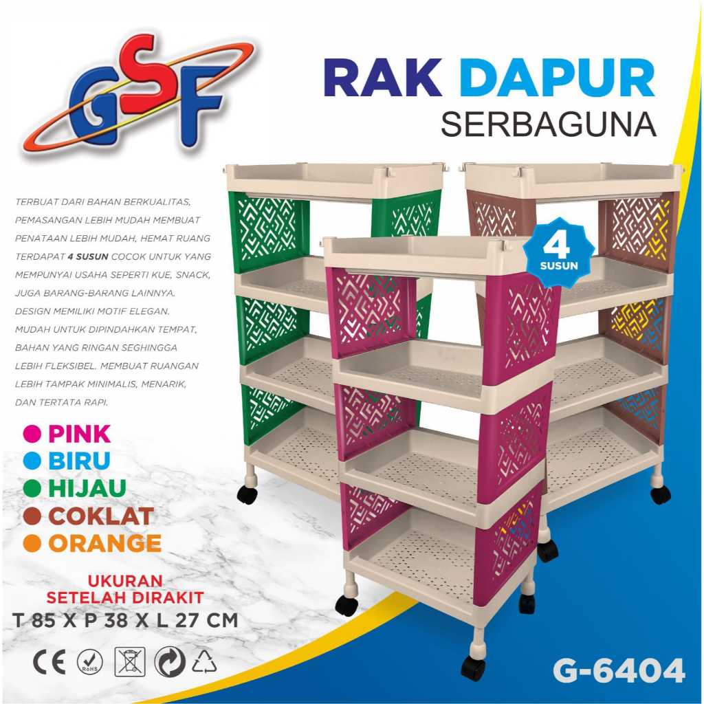 Rak Plastik 4 Susun GSF G-6404 Plus Roda - Rak Yoyo - Rak Apartemen - Rak Buku Majalah Koran - Rak M