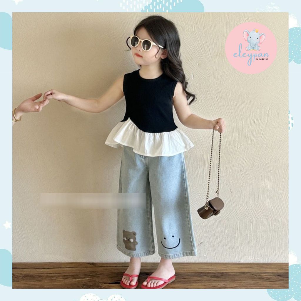 Setelan Jeans Anak Perempuan 2-7 tahun Baju Ruffle Anak One Set Atasan Celana Panjang Denim Fashion 