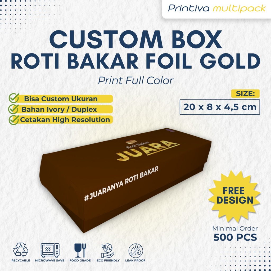 Custom Cetak Full Color + Hot Print Poly Foil Box Roti Bakar, Bolen, Martabak, Bolu