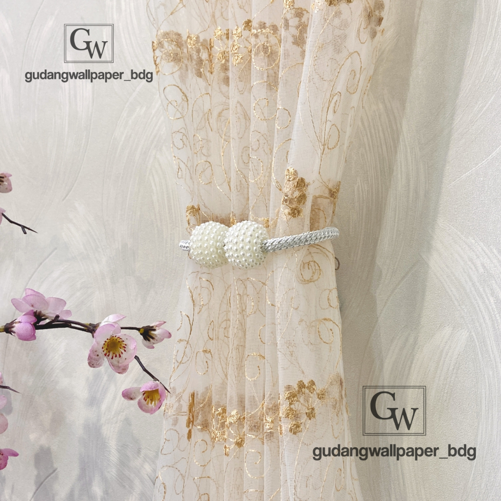 Vitrage Vitrase Gorden Premium Naya Klasik Bordir Turkey Motif Bunga Warna Gold dan Putih  (1 PCS)