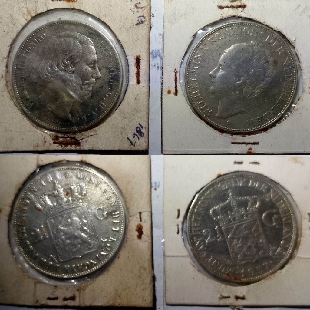 Old Netherland Coin, Wilhelmina 1937 & Willem III 1867, 2,5 Gulden