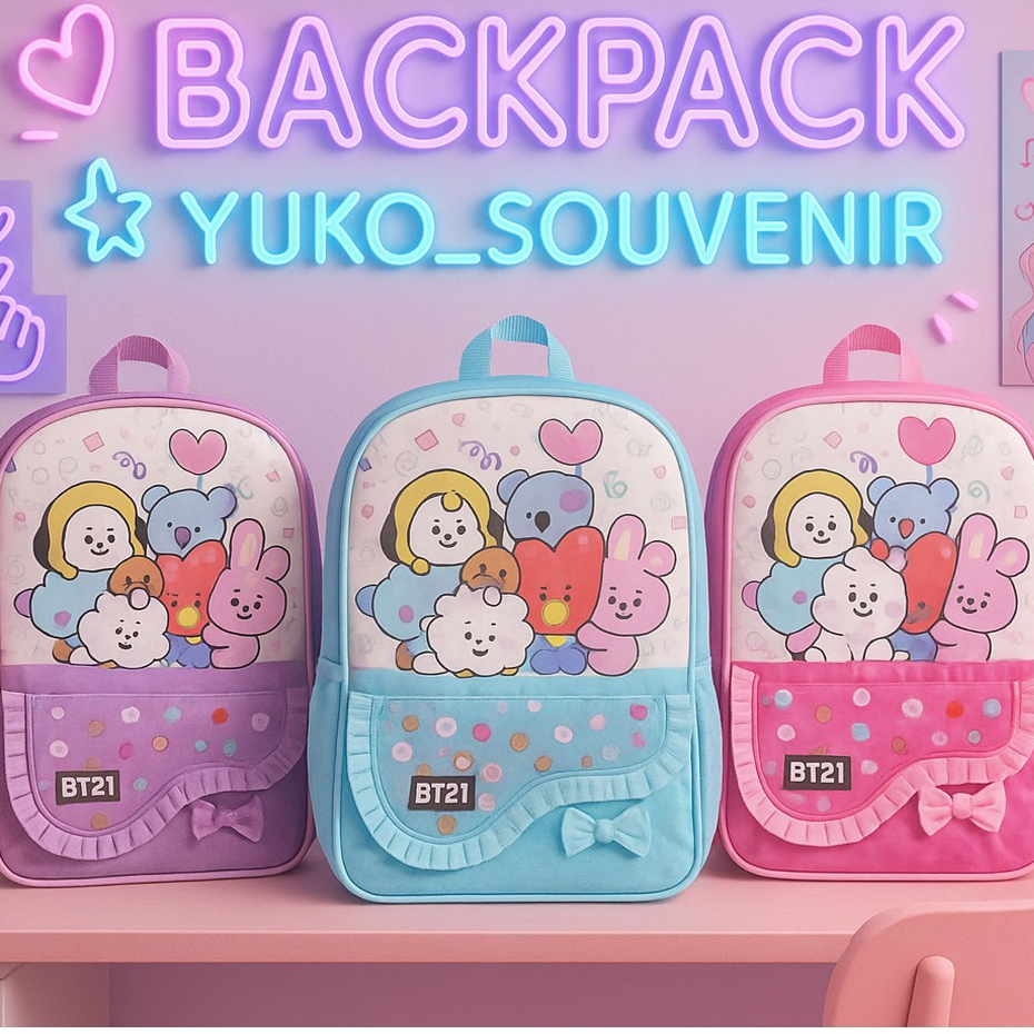 Tas Sekolah Anak BTS 21 Pink Biru Tas Ransel karakter Ukuran TK Kantong Depan Pita Tas Ransel Anak S