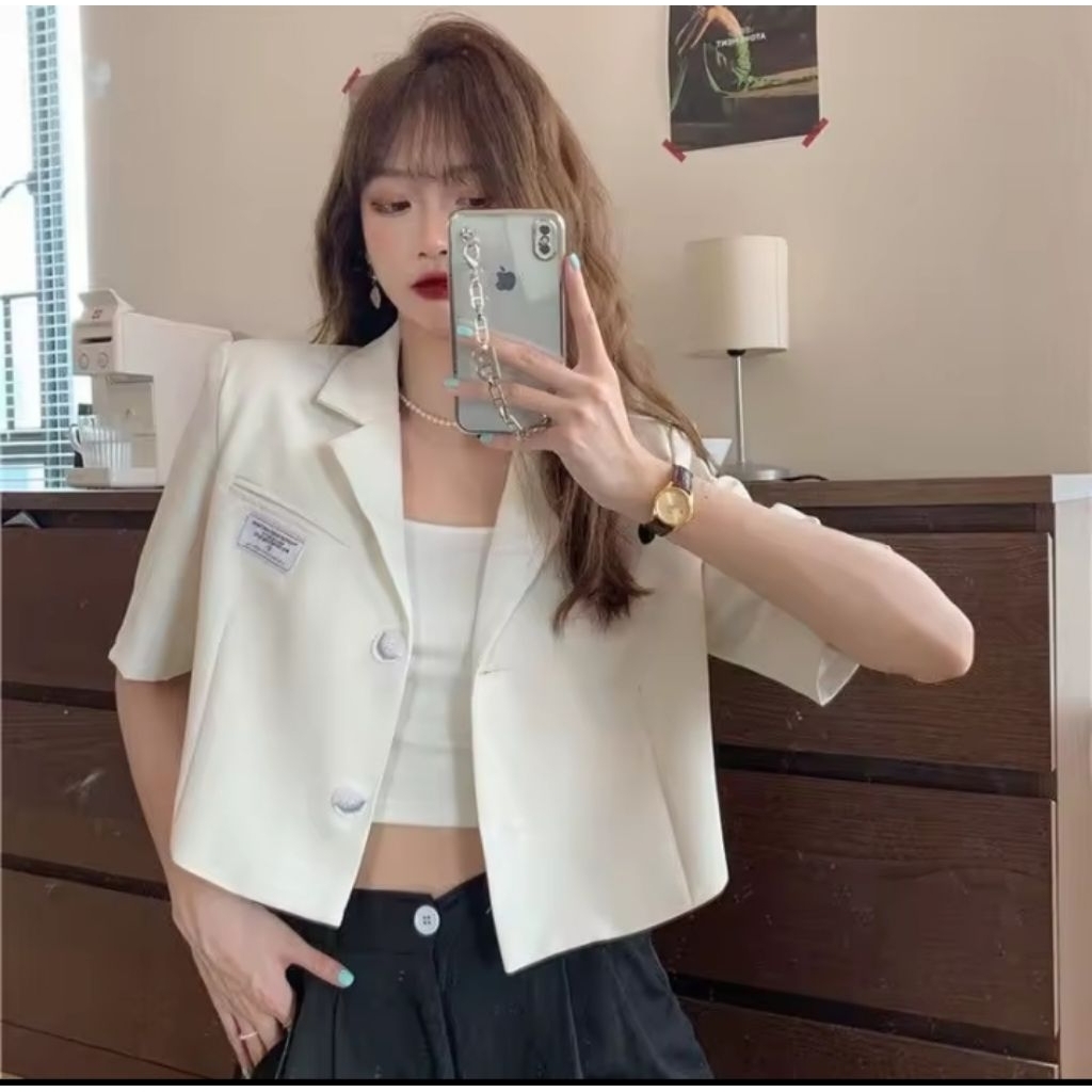 Blazer Korea Crop Short Wanita Casual Lengan Pendek