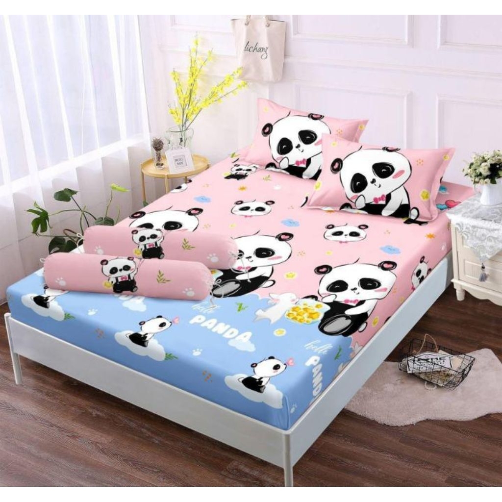 Seprei karakter anak motif Panda pink Ukuran 180x200 No1 king Bonus sarung bantal dan sarung guling