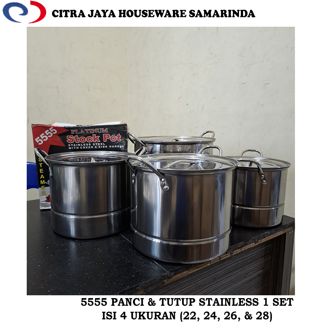 Panci & Tutup Stainless 1 Set 4 Ukuran (22, 24, 26, 28) 5555 (PER 1 SET)