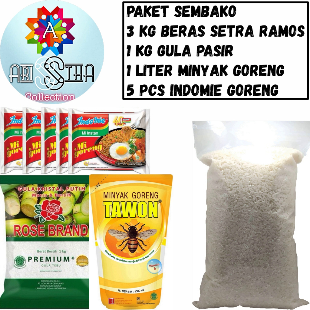 Paket Sembako Hemat Lebaran Hampers Isi Beras 3kg indomie 5 pcs gula pasir 1 Kg dan Minyak 1 Liter