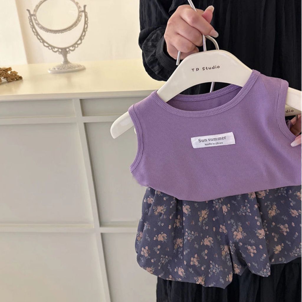 setelan lilac ungu newborn 0-8thn baju anak set ootd rumahan nyaman import