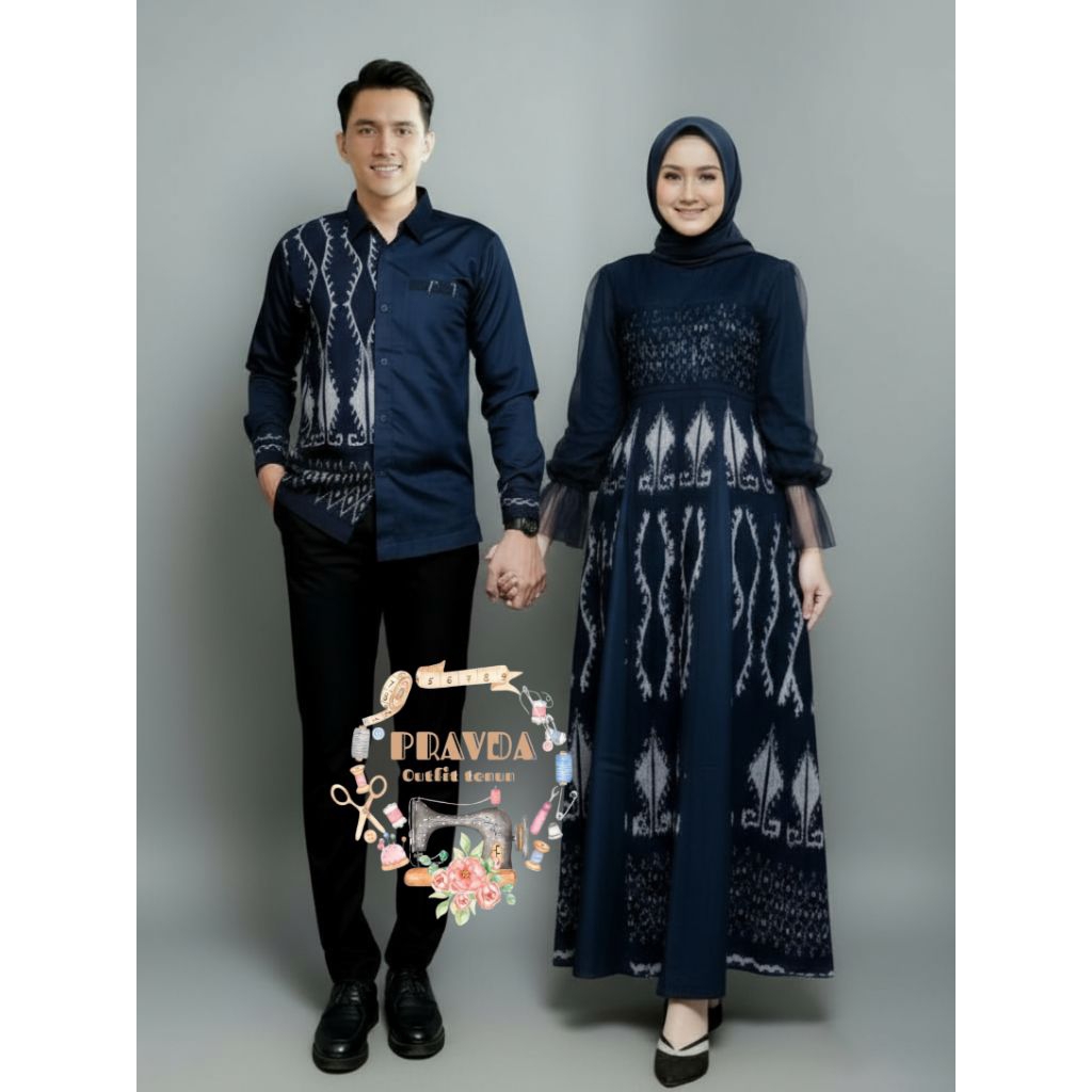 PRAVDA Baju Couple Tenun Terbaru Thalia Navy, Gamis Set Couple Keluarga, Dress Kondangan Bridesmade