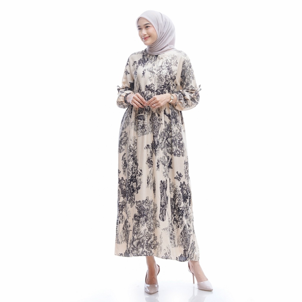 Velisa Maroon Ribbon Dress - Gamis Premium Motif Pita Elegan Muslimah Modern-Diamon krem hitam