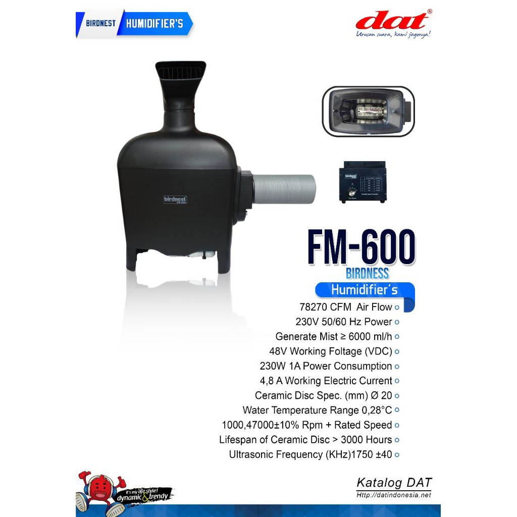 DAT FM-600 – Humidifier Walet Kabut Besar, Ceramic Disc, 230V, Flow ≥ 6000 ml/h