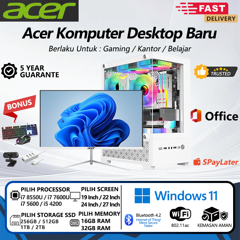 Acer Komputer Full Set PC Gaming CPU Desktop Komputer 19/22/24/27 Inch Monitor,Berlaku Untuk Gaming,
