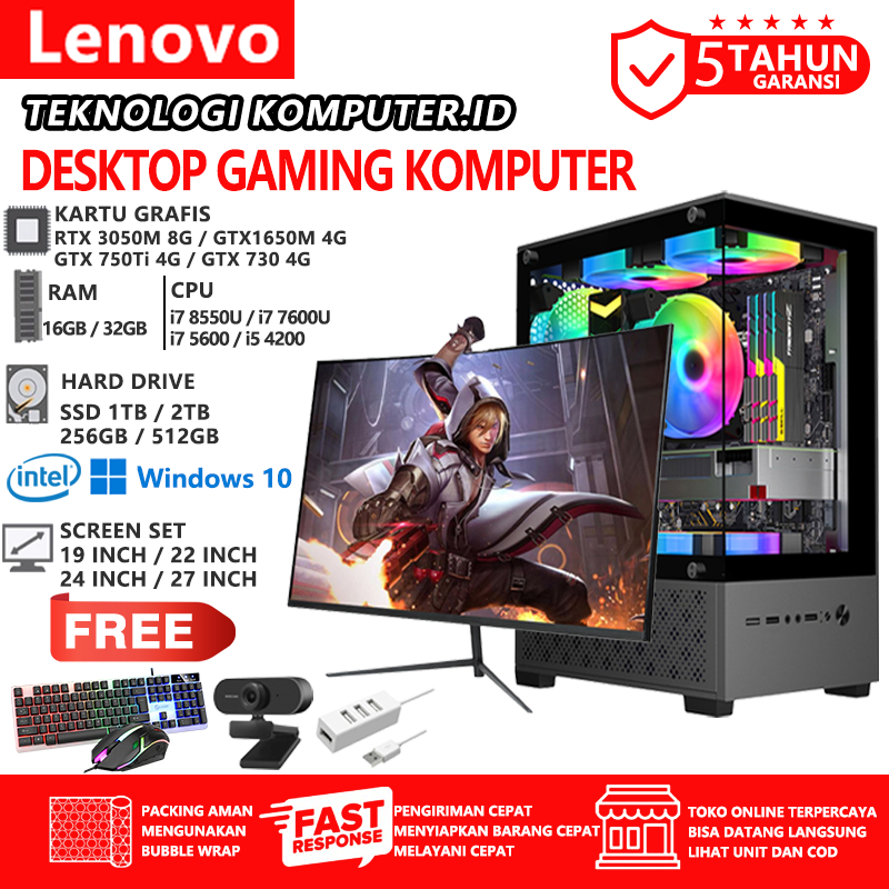 Lenovo Komputer Desktop Hitam 12-Inti Pc Gaming Full Set Tingkat Lanjut VGA Komputer Desktop, Mesin 