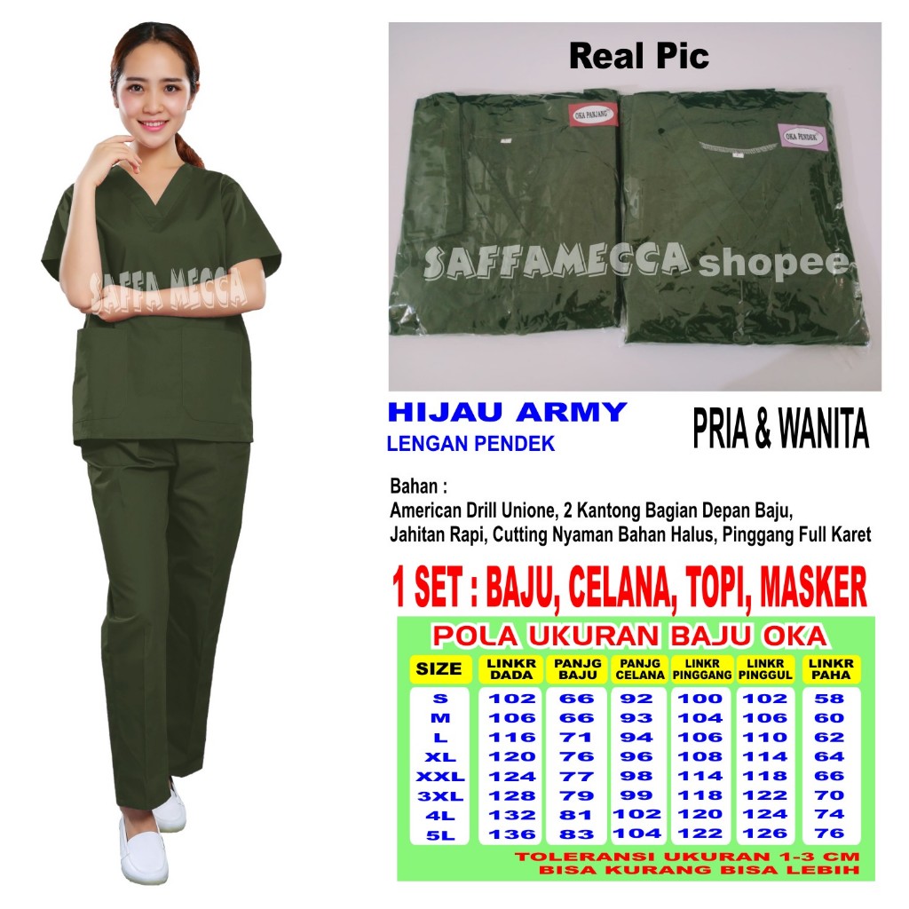 Baju Ok  Baju Oka  Lengan Pendek Hijau Army Perawat Dokter Medis Bidan Stenan Jaga