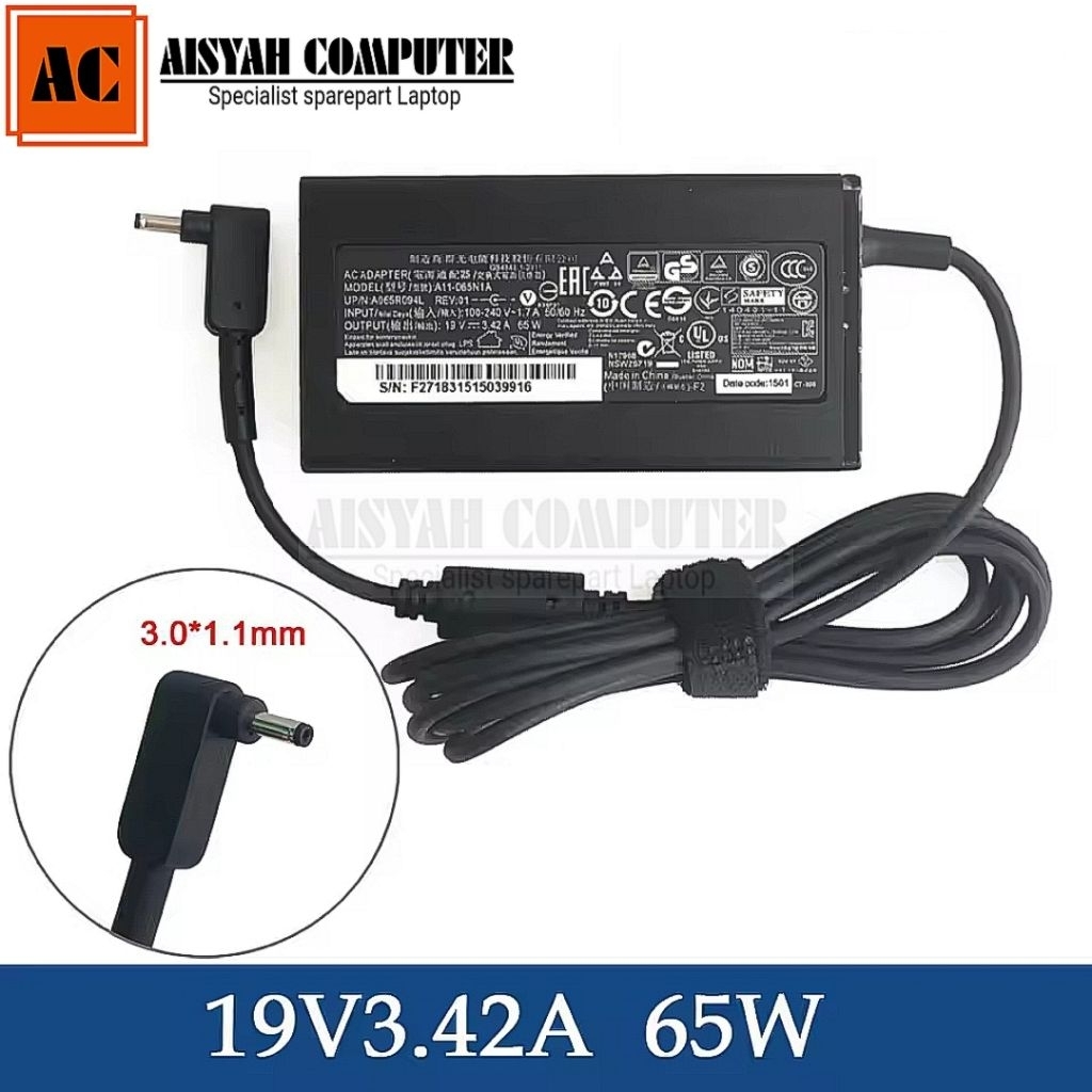 Acer Charger Original 19V 3.42A 65W Acer Spin 3 SP314-54N-56S5 AC Adapter A11-065N1A
