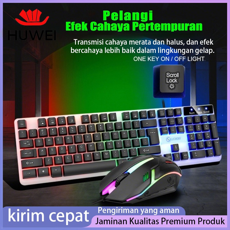 HUWEI keyboard komputer Kombo Keyboard dan Mouse Gaming dengan Lampu RGB Cahaya / Termasuk Mouse dan