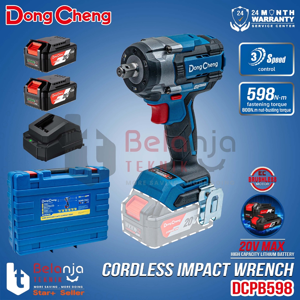 Impact Wrench Baterai DONGCHENG DCPB598 EM 20V Pembuka Baut Baterai 4 Ah 3 Speed Smart Loosen Functi