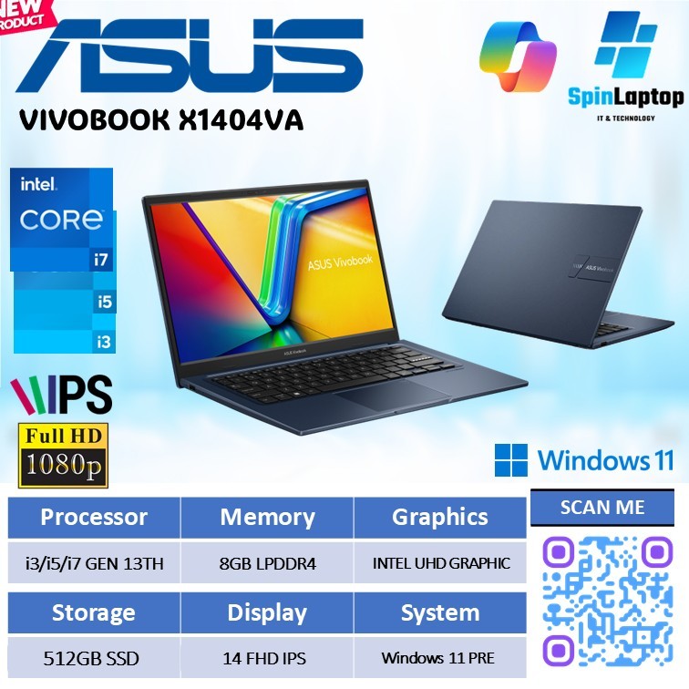 ASUS VIVOBOOK X1404VA | Intel Core i3/ i5/ i7 Gen 13 RAM 16GB SSD 512GB Layar 14” FHD IPS Windows 11