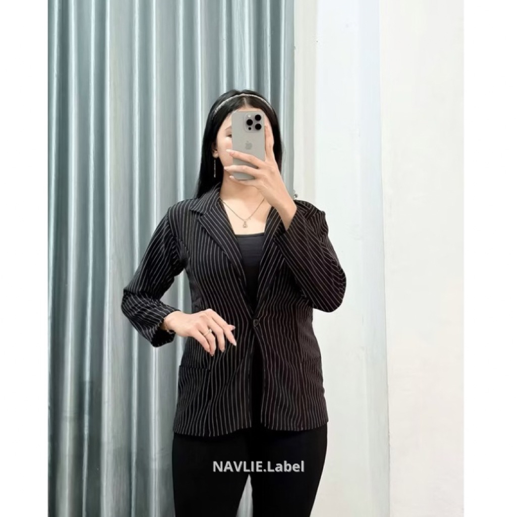 Blazer Stripe Scuba Premium Motif Garis Wanita